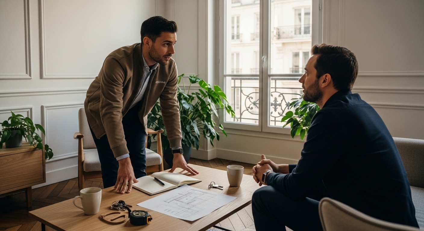 Chasseur immobilier discutant avec un client, symbolisant l'écoute des besoins