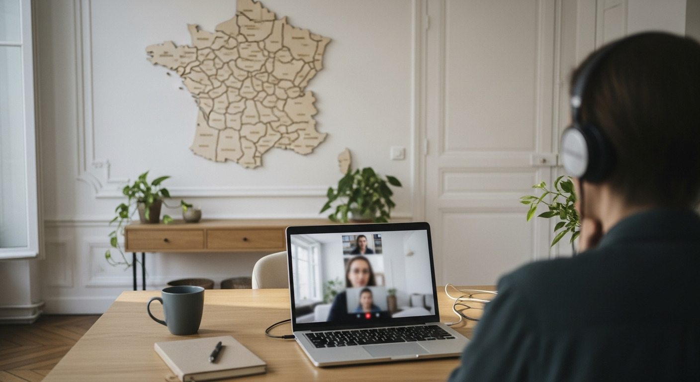 Personne en visioconférence devant une carte de France