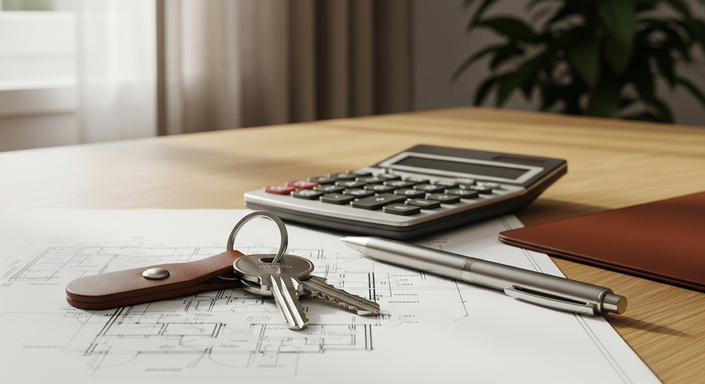 Calculatrice et clés sur un plan d'architecte, symbolisant l'investissement immobilier
