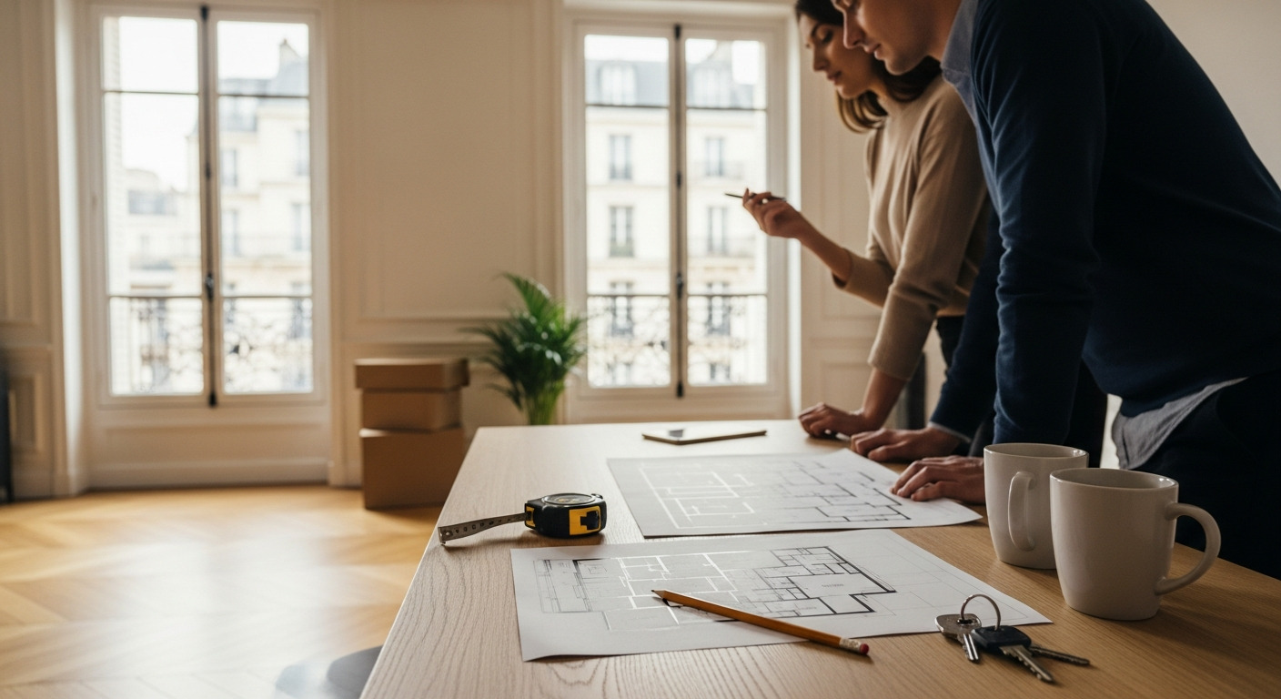 Couple de primo-accédants regardant des plans